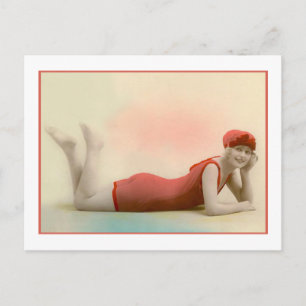 Beauty Baden in orangefarbenem Anzug Postkarte