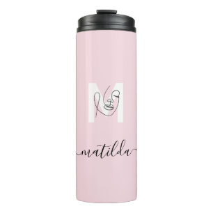 Beauty Blush Pink & Women Face Line Art Monogramm Thermosbecher