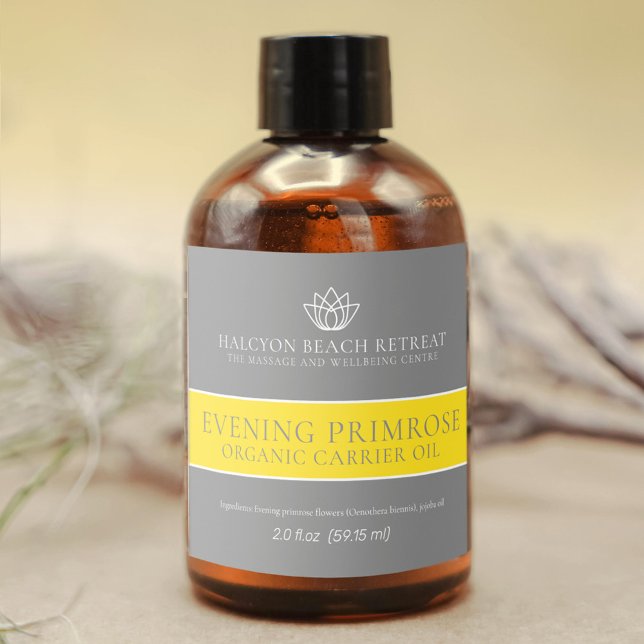 Beauty Carrier Ölprodukt grau gelb Etikett (Von Creator hochgeladen)