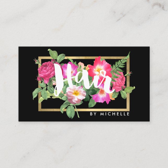 Beauty Florals Hair Stylist Black Visitenkarte (Vorderseite)