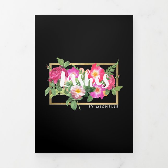 Beauty Florals Lash Extensions Black Brochure Dreifach Gefaltete Karte (Cover)