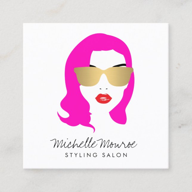 Beauty Girl Haar Stylist Salon Mode Pink Quadratische Visitenkarte (Vorderseite)