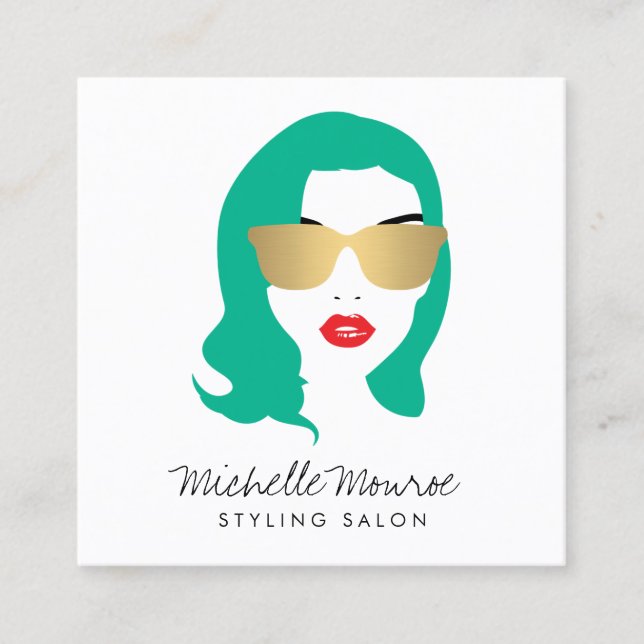 Beauty Girl Hair Stylist Salon Fashion Green Quadratische Visitenkarte (Vorderseite)