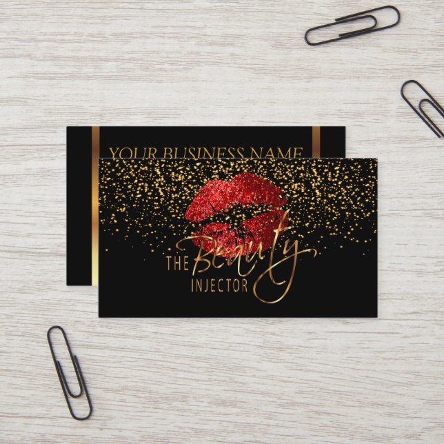 Beauty-Injektor mit Gold Confetti & Rote Lippen Visitenkarte (Vorderseite/Rückseite Beispiel)