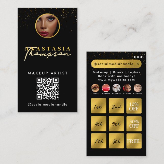 Beauty Nails Social Media Black Gold Treue Cards Visitenkarte (Vorne/Hinten)