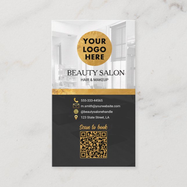 Beauty Salon Black Gold QR Code Ernennung Visitenkarte (Vorderseite)