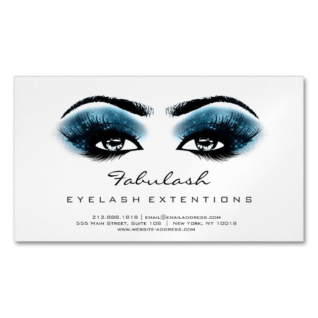 Beauty Salon Blue Schwarz-weiß Adress Makeup Lashe Magnetische Visitenkarte (Vorderseite)