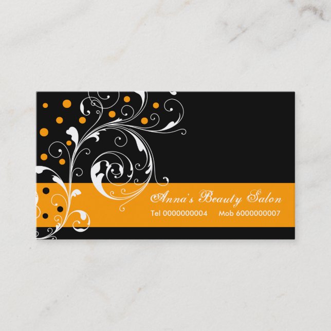 Beauty Salon Blumenblättrig schwarz orange Visitenkarte (Vorderseite)