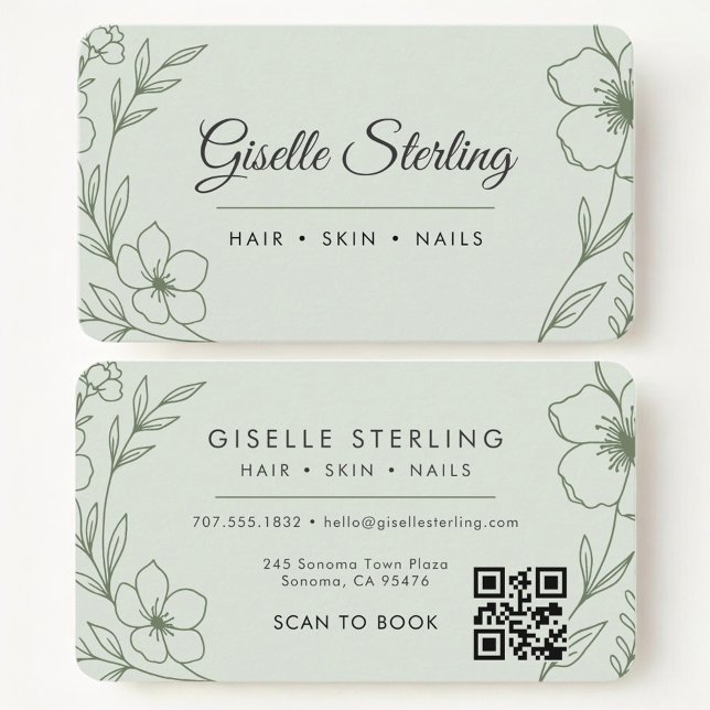 Beauty Salon  Botanical Sage Green QR Code Visitenkarte (Von Creator hochgeladen)