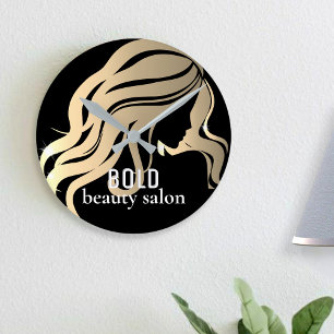 Beauty Salon Business Name Metallic Gold + Schwarz Runde Wanduhr