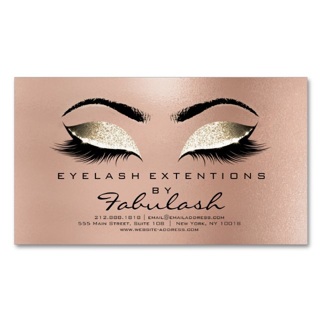 Beauty Salon Gold Glitzer Adress Makeup Lashes Magnetische Visitenkarte (Vorderseite)