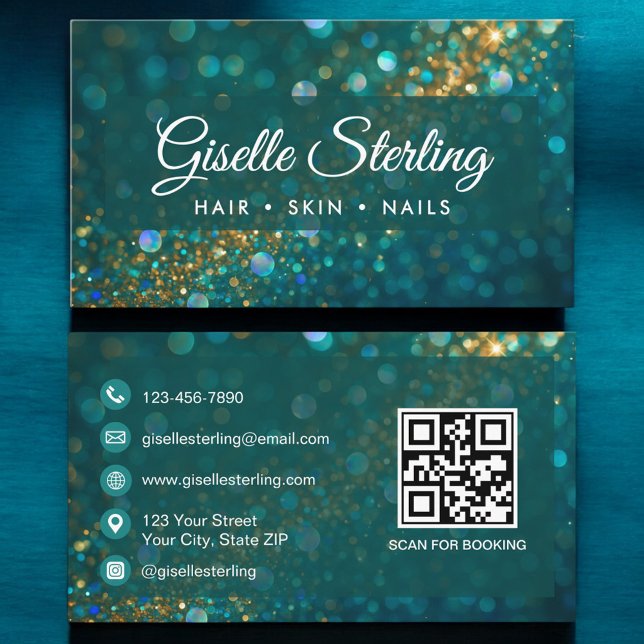 Beauty Salon Gold Glitzer Aquamarin QR Code Visitenkarte (Von Creator hochgeladen)