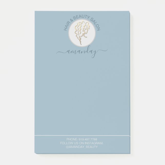 Beauty Salon Golden Logo Friseur Blue Adresse Post-it Klebezettel (Vorderseite)