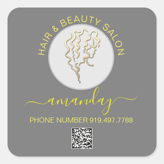 Beauty Salon Hair Logo Grau Gelb QR CODE Quadratischer Aufkleber (Vorderseite)