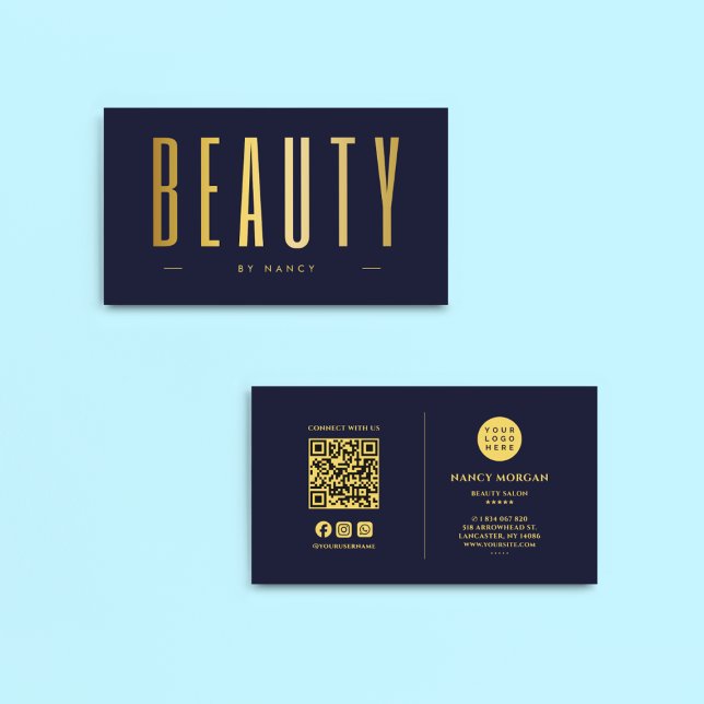 Beauty Salon Navy und Gold QR Code & Logo Visitenkarte (Von Creator hochgeladen)