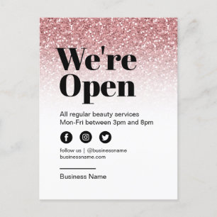 Beauty Salon Offen für Business Rose Gold Glitzer Ankündigungspostkarte