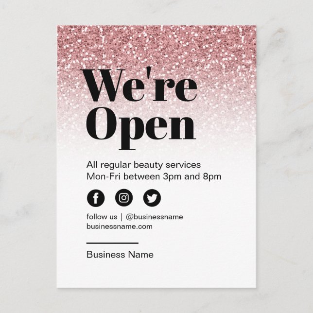 Beauty Salon Offen für Business Rose Gold Glitzer Ankündigungspostkarte (Vorderseite)