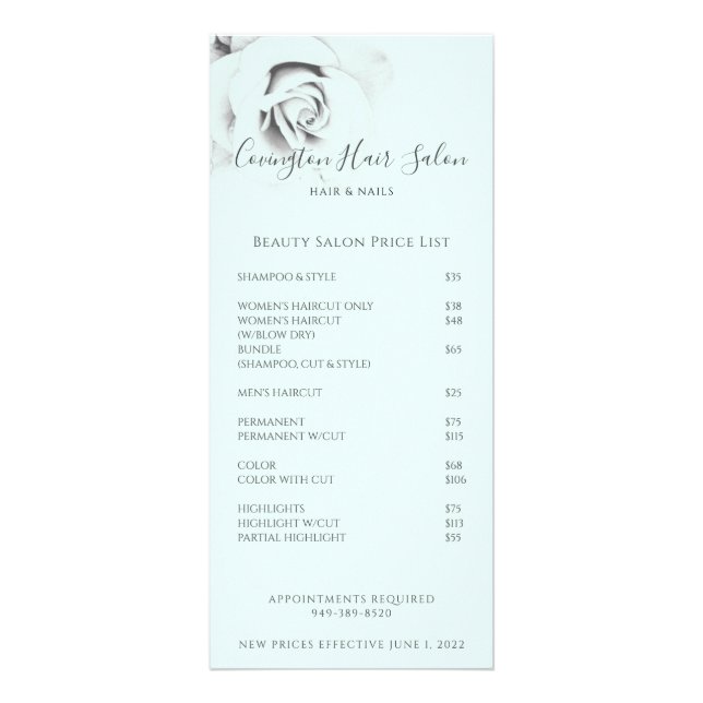 Beauty Salon Preis und Dienstleistungen Werbekarte (Vorne)