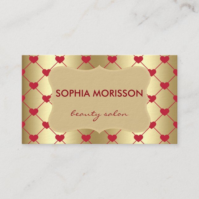 Beauty Salon Red Hearts & Golden Monogram Visitenkarte (Vorderseite)