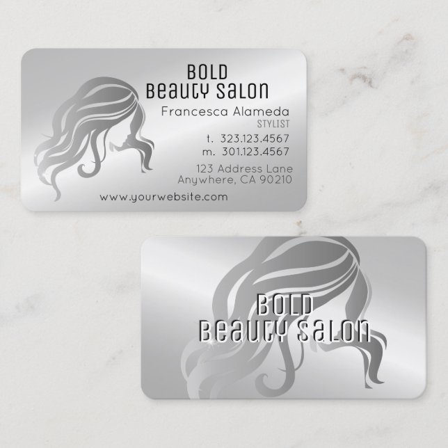 Beauty Salon Stylist Metallic Platinum Silver Visitenkarte (Vorne/Hinten)