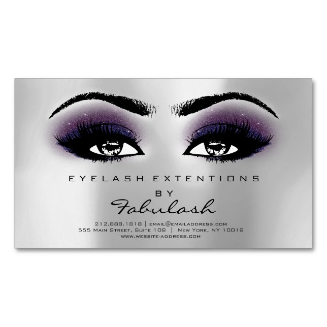 Beauty Salon Violet Silber Adress Makeup Lashes Magnetische Visitenkarte (Vorderseite)