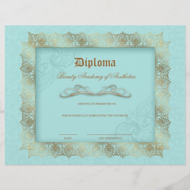 Beauty School Diploma Blue Gold Lace Frame Flyer (Vorne)