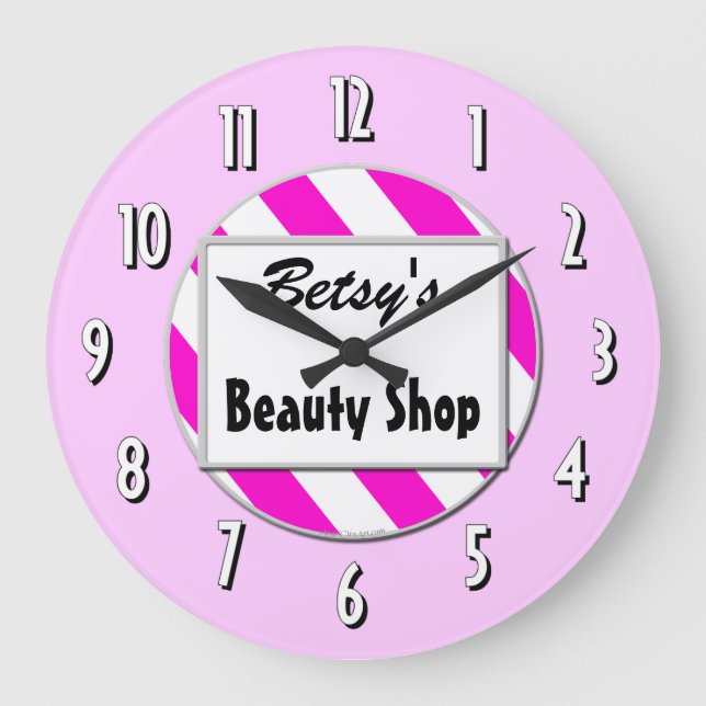 Beauty Shop Pink White Custom Retlock Große Wanduhr (Vorderseite)