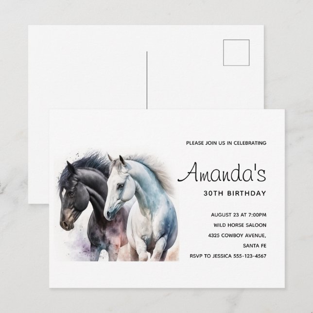Beaux Chevaux en Aquarelle Invitation Anniversaire (Devant / Derrière)