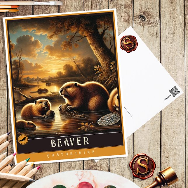 Beaver | Carte postale Famille Vintage Animal (Créateur téléchargé)
