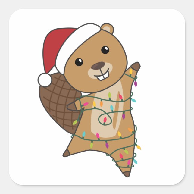 Beaver Cheerful Christmas Winter Animals Beavers Quadratischer Aufkleber (Vorderseite)