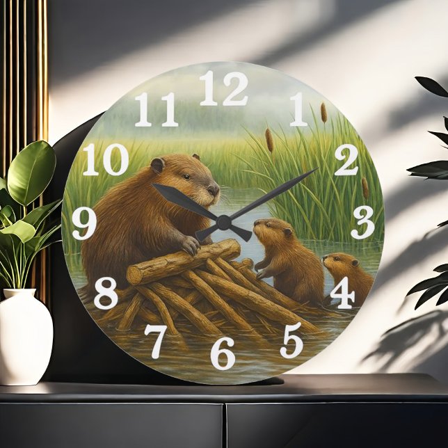 Beaver family in wetland haven große wanduhr (Von Creator hochgeladen)