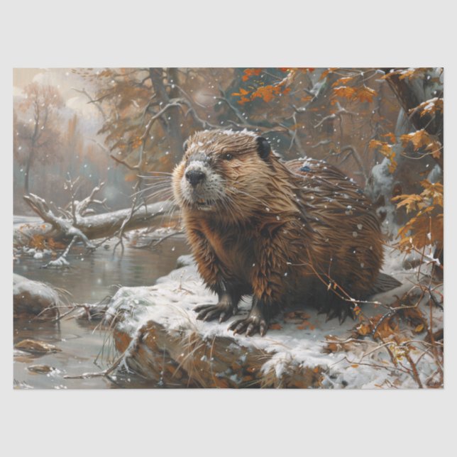 Beaver Winter Landschaftsmalerei Dekoupage Seidenpapier (Vorderseite)
