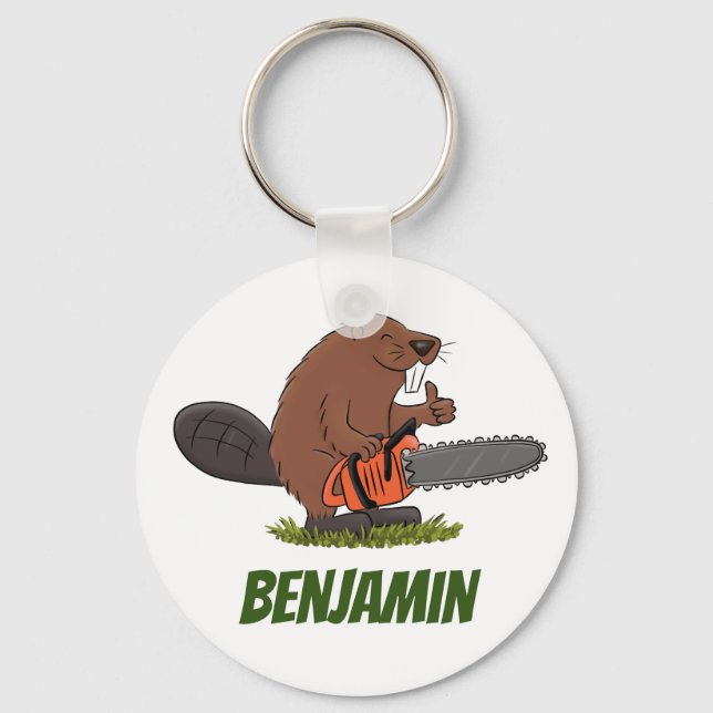 Beaver with chainsaw funny cartoon illustration schlüsselanhänger (Vorderseite)