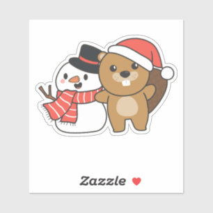 Beaver With Snowman in Winter At Christmas Aufkleber