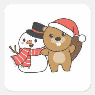 Beaver With Snowman in Winter At Christmas Quadratischer Aufkleber
