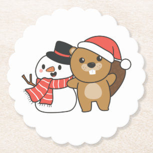 Beaver With Snowman in Winter At Christmas Untersetzer