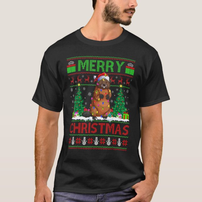 Beaver   Xmas Tree Lights Ugly Santa Beaver Christ T-Shirt (Vorderseite)