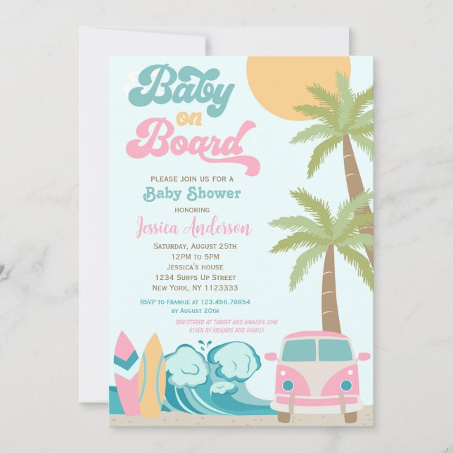 Bébé à bord Surf bébé douche Invitations Fille (Devant)