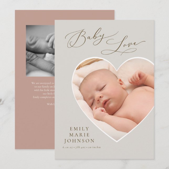 Bébé amour coeur en forme de Faire-part de naissan (Devant / Derrière)