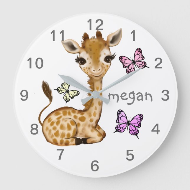 Bébé animal Giraffe Papillon Nursery Horloge mural (Recto)