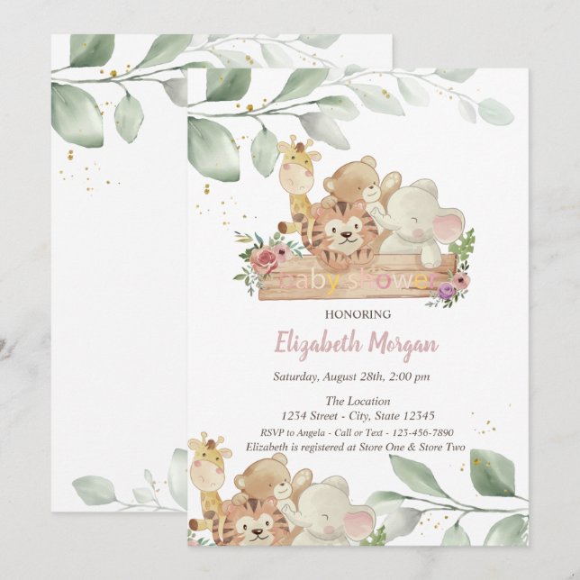Bébé Animaux Forêt Feuilles Baby shower Invitation (Devant / Derrière)