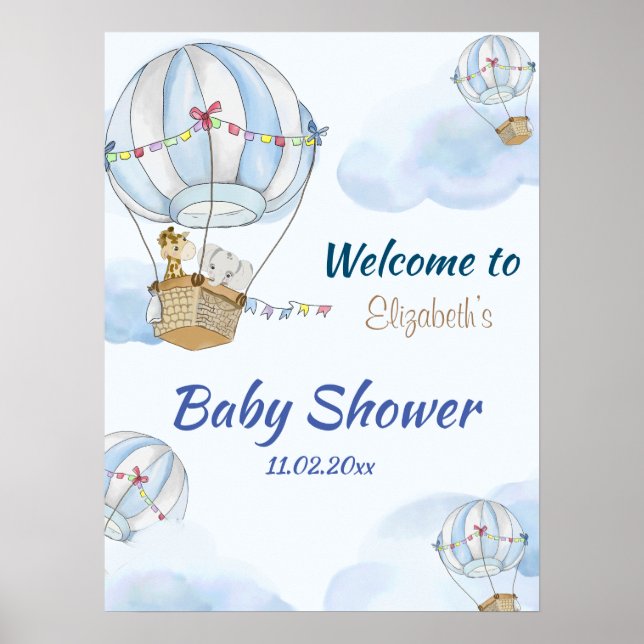 Bébé Animaux Hot Air Balloon Baby shower Poster (Devant)