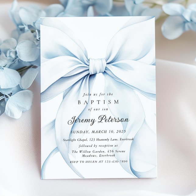 Bébé Baptême Bleu Bow Invitation (Créateur téléchargé)