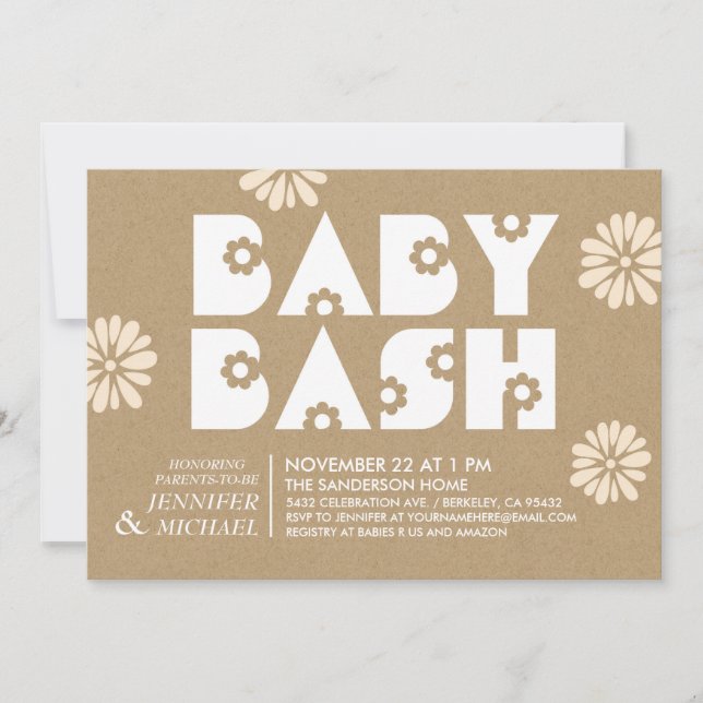 Bébé Bash | Invitations de douche bébé Papier Kraf (Devant)