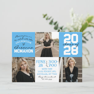 Bébé Bleu & Blanc 3 Photo Graduation Invitation