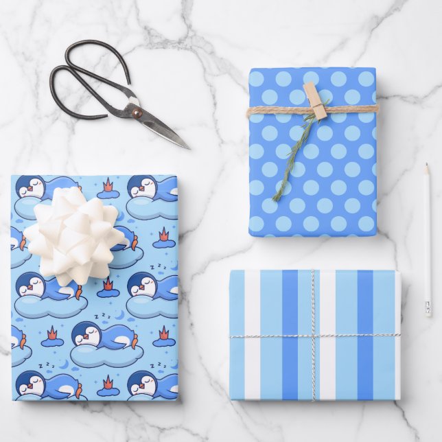 Bébé Bleu Dormir Pingouin Enveloppement Papier Ens (Recto)