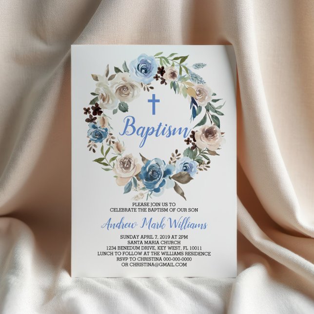Bébé bleu Floral Boy Baptême Invitation (Créateur téléchargé)