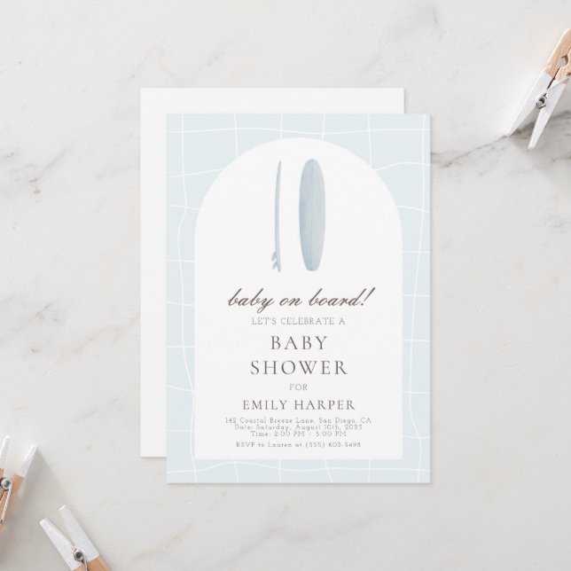 Bébé bleu minimal à bord Invitation Baby shower (Devant/Arrière en situation)