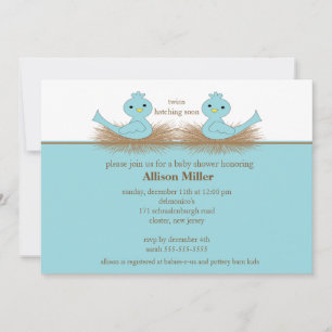 Bébé Bleu Oiseaux TWINS Baby shower Invitation