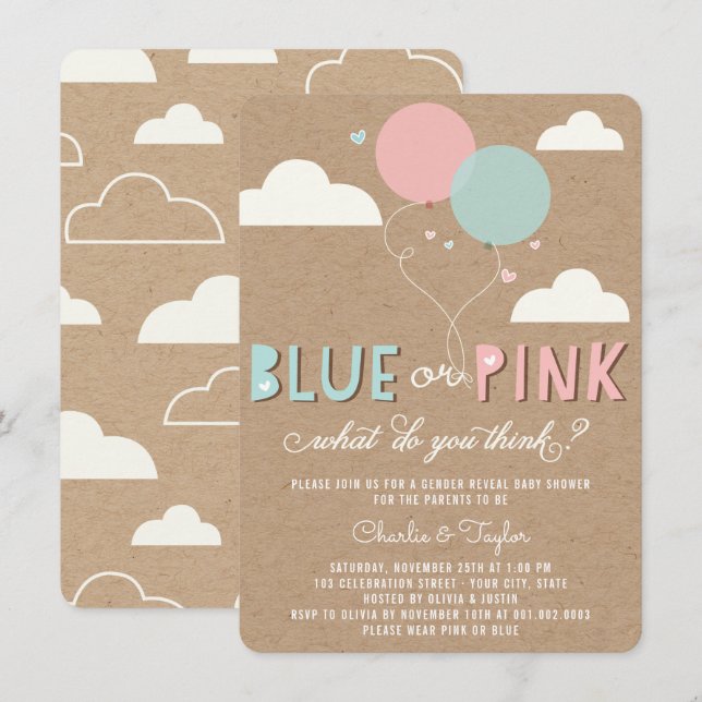 Bébé bleu ou rose Genre Reveal Invitation de la fê (Devant / Derrière)
